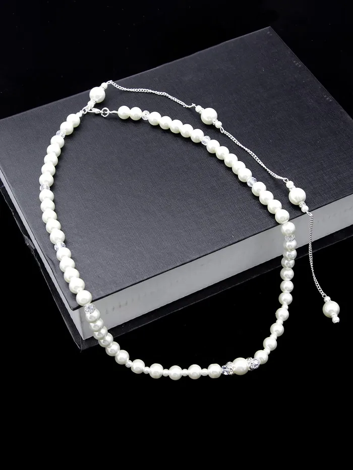 Rings Yellow Chimes Yellow Chimes Back Necklace For Women Silver Tone Pearl Embellished Back Chain For Women and Girls