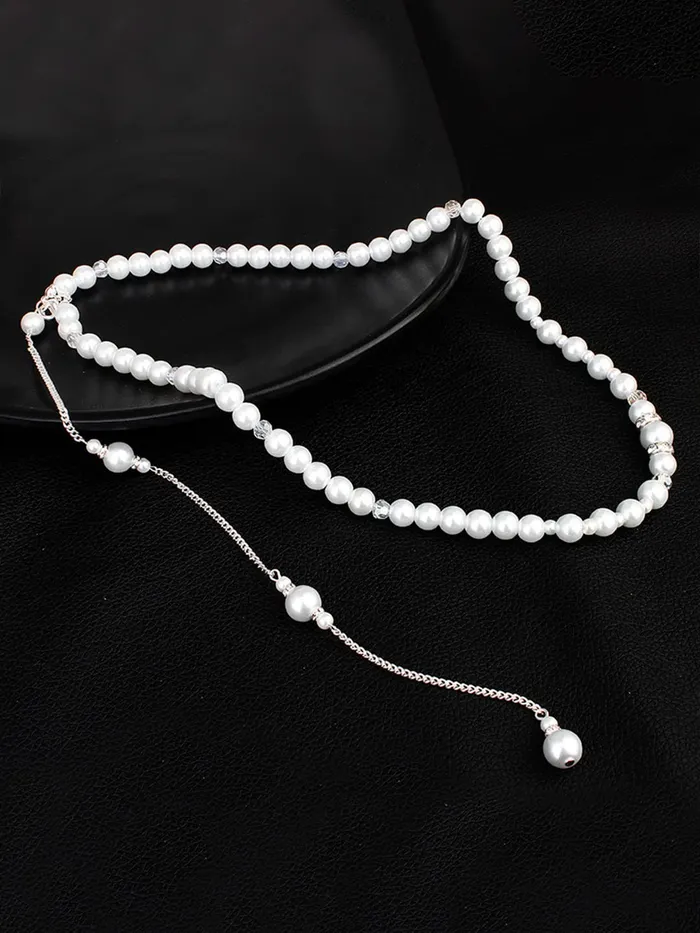 Rings Yellow Chimes Yellow Chimes Back Necklace For Women Silver Tone Pearl Embellished Back Chain For Women and Girls