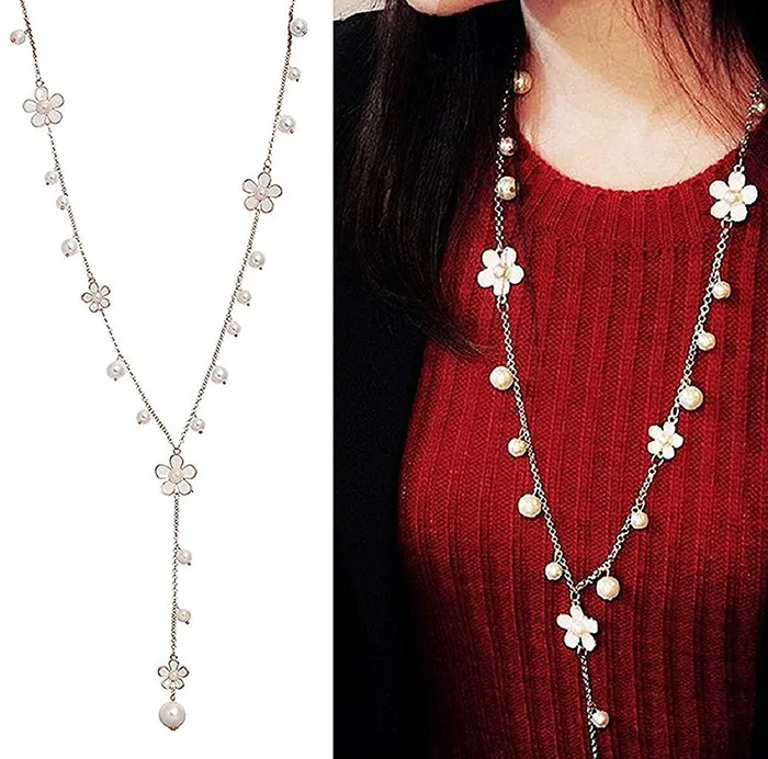 Rings Yellow Chimes Yellow Chimes Long Chain Necklace for Women Floral Pearl Fashion Long Chain Necklace Pendant for Women and Girls