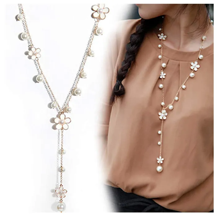 Rings Yellow Chimes Yellow Chimes Long Chain Necklace for Women Floral Pearl Fashion Long Chain Necklace Pendant for Women and Girls