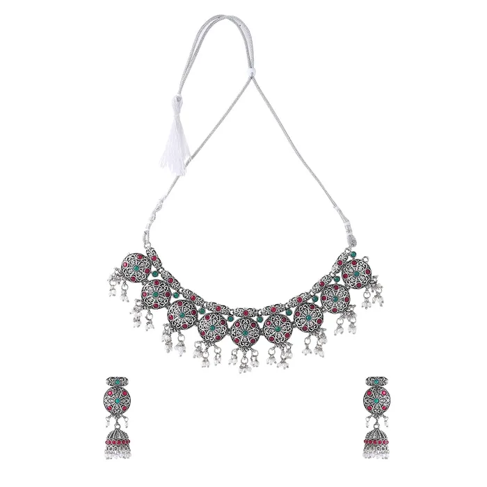 Rings Yellow Chimes Yellow Chimes Oxidised Jewellery Set for Women Silver Oxidised Jewelry Studded Multicolor Stoned Choker Necklace Set With Earrings for Women and Girls Style 4