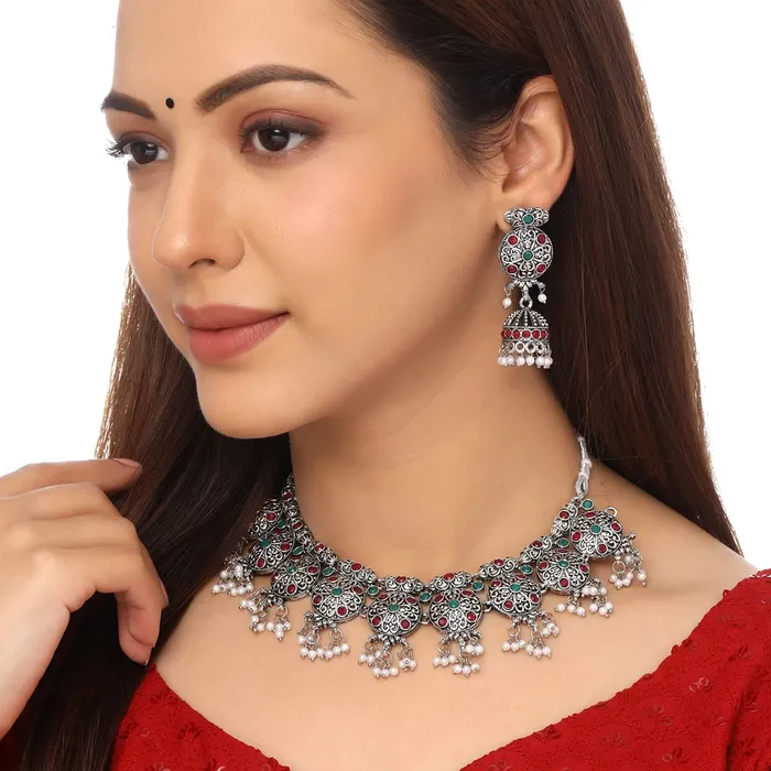 Rings Yellow Chimes Yellow Chimes Oxidised Jewellery Set for Women Silver Oxidised Jewelry Studded Multicolor Stoned Choker Necklace Set With Earrings for Women and Girls Style 4