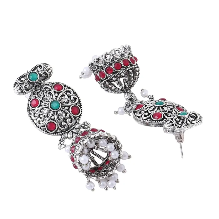 Rings Yellow Chimes Yellow Chimes Oxidised Jewellery Set for Women Silver Oxidised Jewelry Studded Multicolor Stoned Choker Necklace Set With Earrings for Women and Girls Style 4