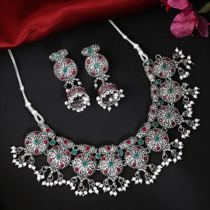 Rings Yellow Chimes Yellow Chimes Oxidised Jewellery Set for Women Silver Oxidised Jewelry Studded Multicolor Stoned Choker Necklace Set With Earrings for Women and Girls Style 4