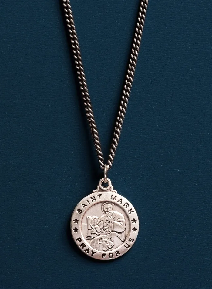 Saint Mark the Evangelist Round Sterling Silver Medal for Men on Oxidized Curb Chain WE ARE ALL SMITH Mens Jewelry Clothing Rings
