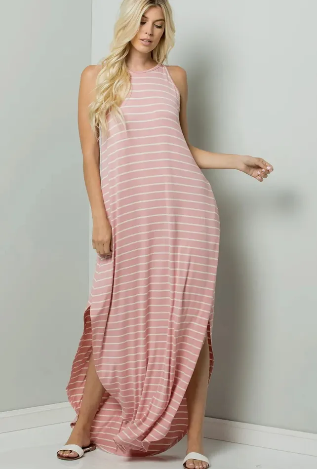 Sweet Lovely By Jen Earrings Stripe Maxi Jersey Dress Rose