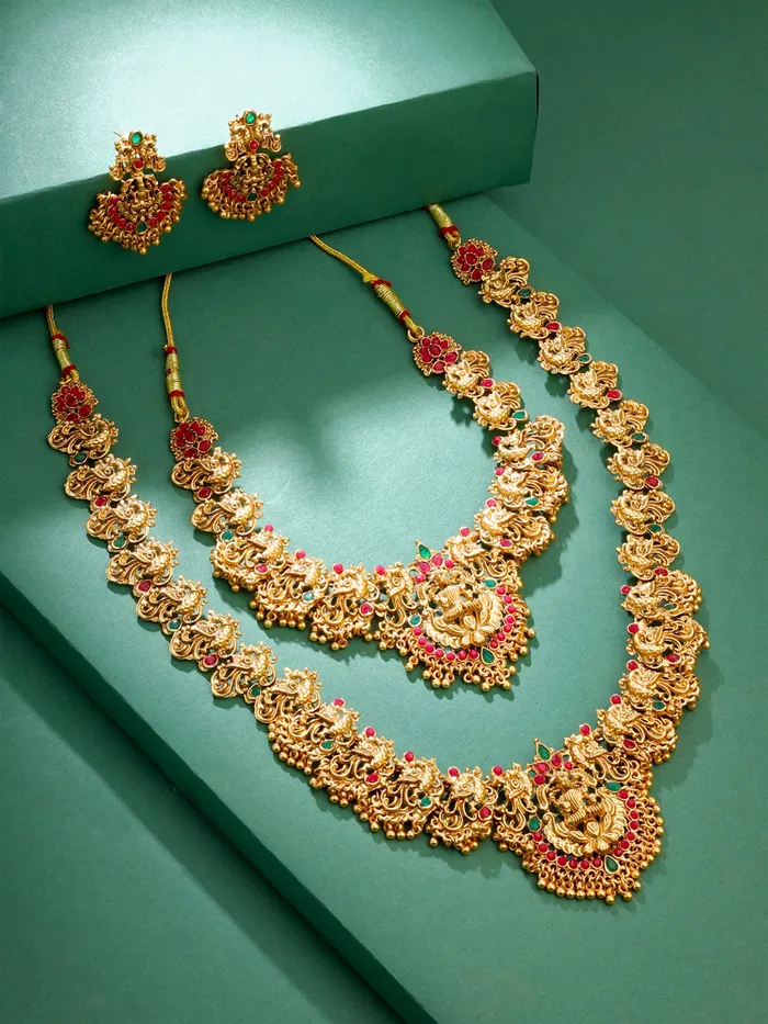 Temple Jewellery Set Traditional Gold Plated Bridal Necklace Set with Intricate Design 36cm Necklaces Gold Yellow Chimes Necklaces