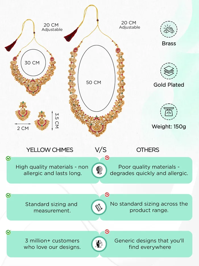 Temple Jewellery Set Traditional Gold Plated Bridal Necklace Set with Intricate Design 36cm Necklaces Gold Yellow Chimes Necklaces