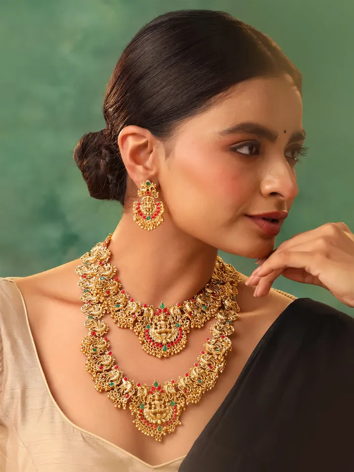 Temple Jewellery Set Traditional Gold Plated Bridal Necklace Set with Intricate Design 36cm Necklaces Gold Yellow Chimes Necklaces