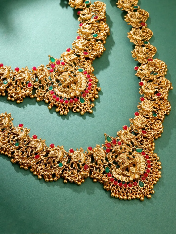 Temple Jewellery Set Traditional Gold Plated Bridal Necklace Set with Intricate Design 36cm Necklaces Gold Yellow Chimes Necklaces