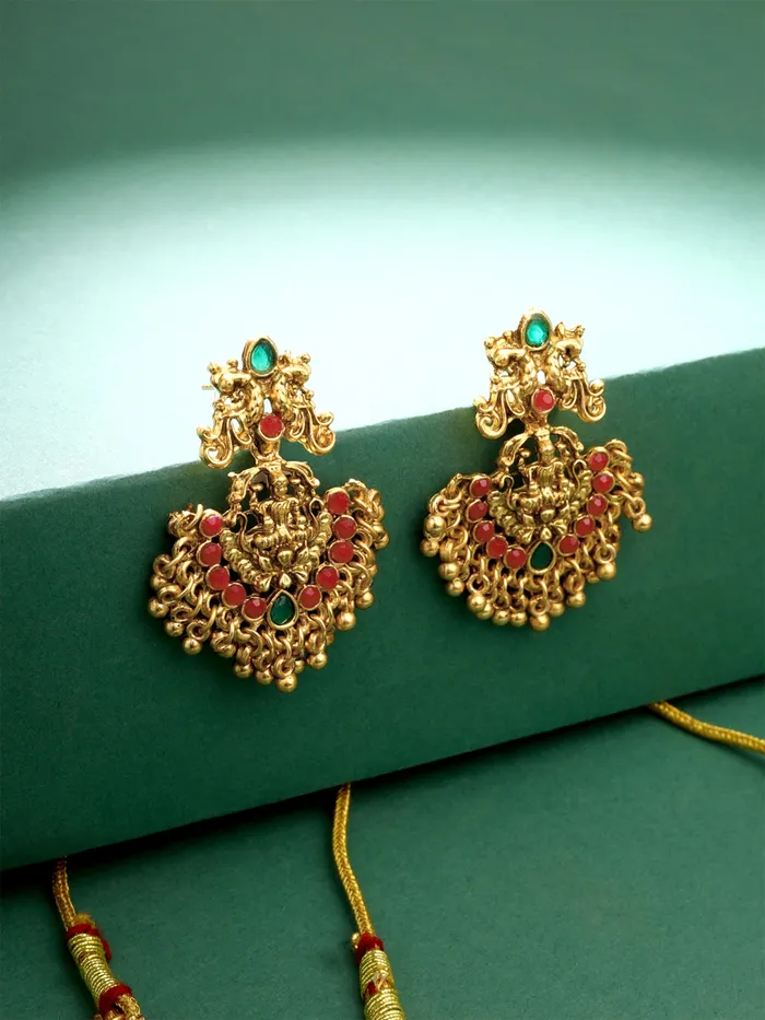 Temple Jewellery Set Traditional Gold Plated Bridal Necklace Set with Intricate Design 36cm Necklaces Gold Yellow Chimes Necklaces