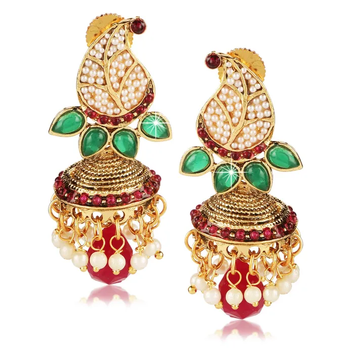 Watches Yellow Chimes Yellow Chimes Stylish Moti Leaf Red Stone Traditional Pearl Earrings for Women and Girls
