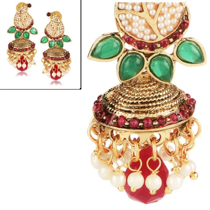 Watches Yellow Chimes Yellow Chimes Stylish Moti Leaf Red Stone Traditional Pearl Earrings for Women and Girls