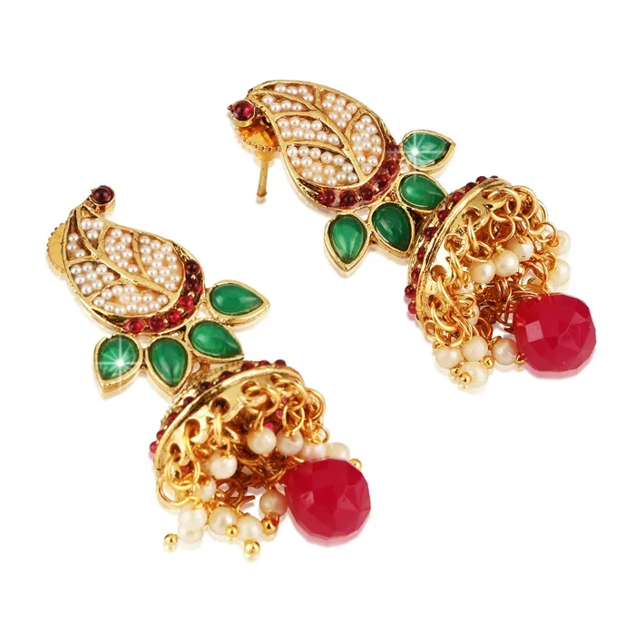 Watches Yellow Chimes Yellow Chimes Stylish Moti Leaf Red Stone Traditional Pearl Earrings for Women and Girls