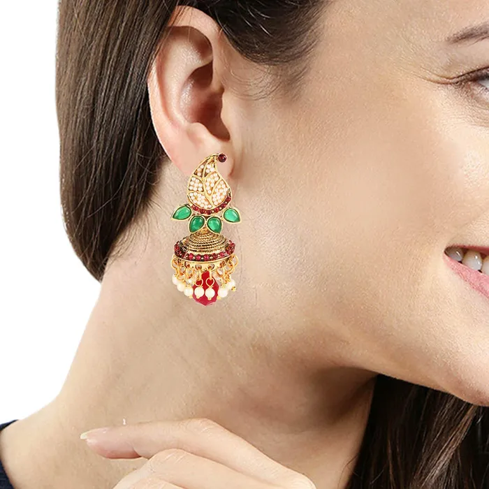 Watches Yellow Chimes Yellow Chimes Stylish Moti Leaf Red Stone Traditional Pearl Earrings for Women and Girls