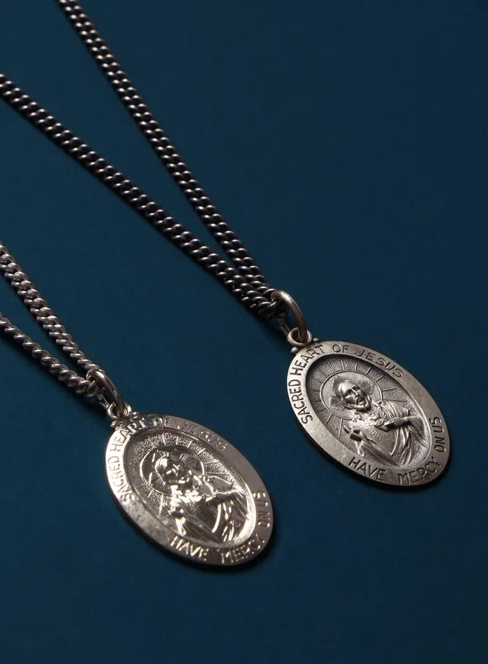 WE ARE ALL SMITH Necklaces Sacred Heart of Jesus Sterling Silver Oval Medal Necklace for Men
