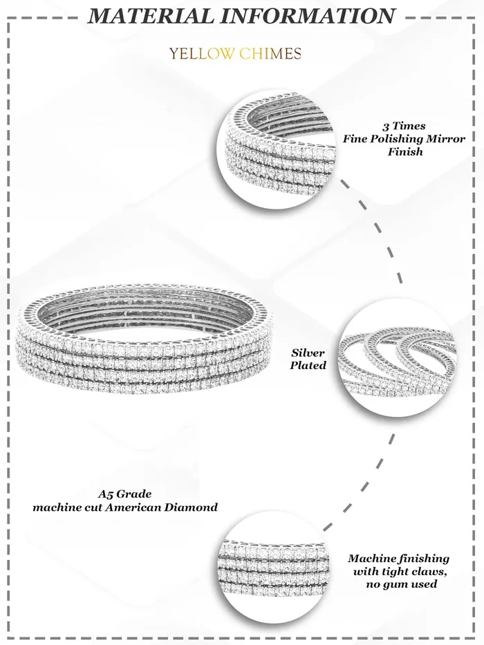 Yellow Chimes American Diamond Bangles for Women Silver Plated 4 PCs High Grade Authentic White AD Jewellery Bangles Set for Women and Girls Yellow Chimes Necklaces