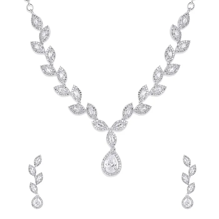 Yellow Chimes American Diamond Necklace Set For Women White Stone Silver Jewellery Set For Women Leafy Shaped Diamond Necklace Set Birthday Gift for Girls Anniversary Gift for Wife Yellow Chimes Earrings Yellow Chimes American Diamond Necklace Set For Women White Stone Silver Jewellery Set For Women Leafy Shaped Diamond Necklace Set Birthday Gift for Girls Anniversary Gift for Wife Yellow Chimes Earrings