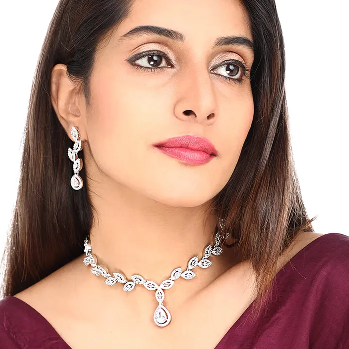 Yellow Chimes American Diamond Necklace Set For Women White Stone Silver Jewellery Set For Women Leafy Shaped Diamond Necklace Set Birthday Gift for Girls Anniversary Gift for Wife Yellow Chimes Earrings