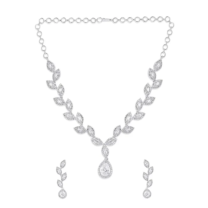 Yellow Chimes American Diamond Necklace Set For Women White Stone Silver Jewellery Set For Women Leafy Shaped Diamond Necklace Set Birthday Gift for Girls Anniversary Gift for Wife Yellow Chimes Earrings