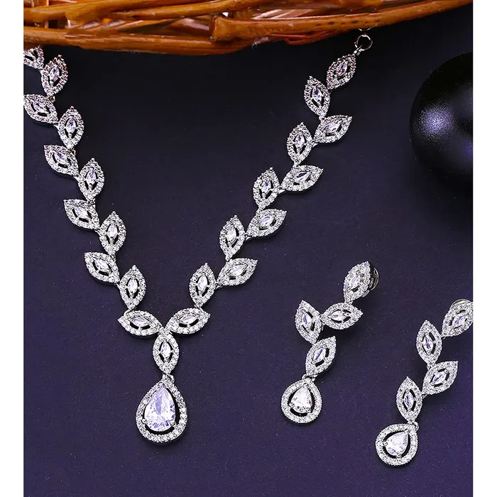 Yellow Chimes American Diamond Necklace Set For Women White Stone Silver Jewellery Set For Women Leafy Shaped Diamond Necklace Set Birthday Gift for Girls Anniversary Gift for Wife Yellow Chimes Earrings