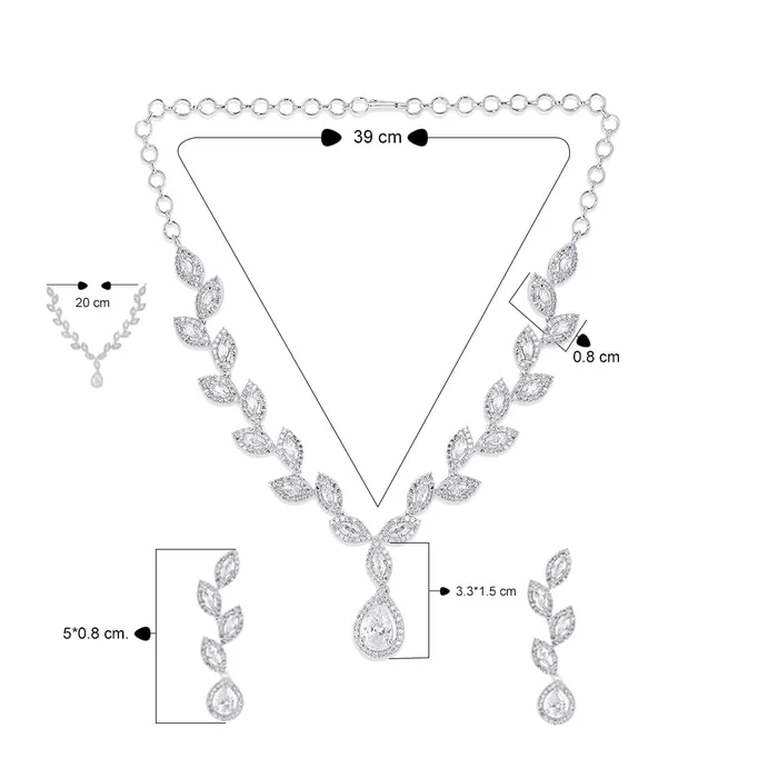 Yellow Chimes American Diamond Necklace Set For Women White Stone Silver Jewellery Set For Women Leafy Shaped Diamond Necklace Set Birthday Gift for Girls Anniversary Gift for Wife Yellow Chimes Earrings