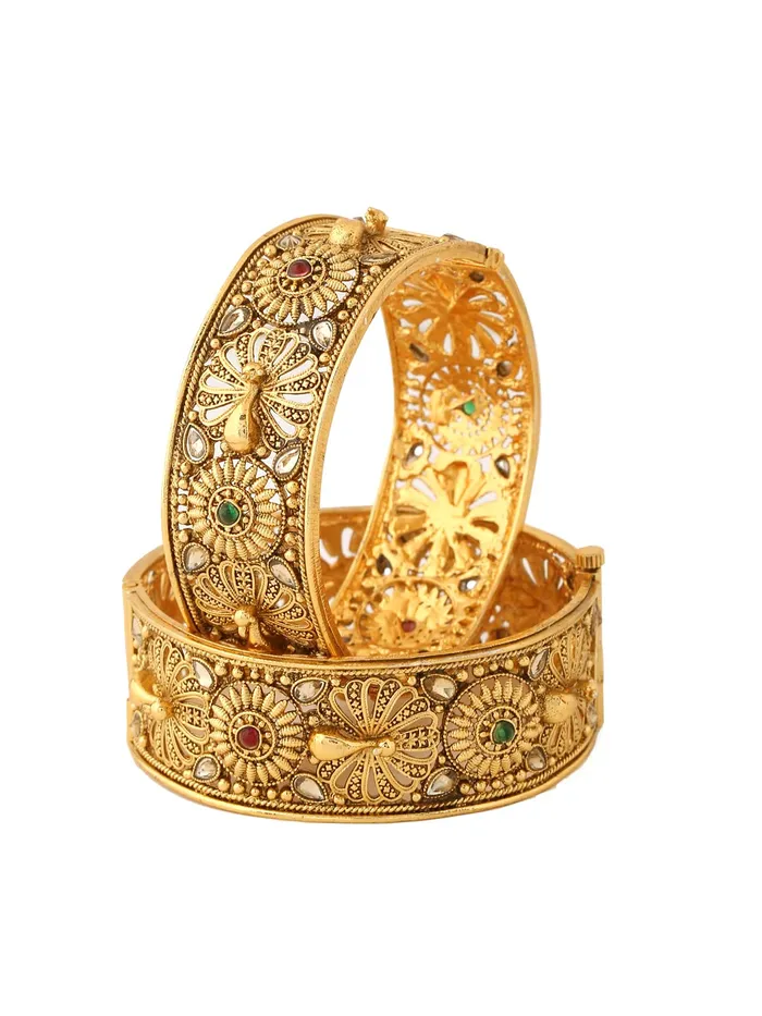 Yellow Chimes Bangles for Women Gold Toned Crystal Studded Peacock Designed Set of 2 Bangles for Women and Girls Yellow Chimes Rings