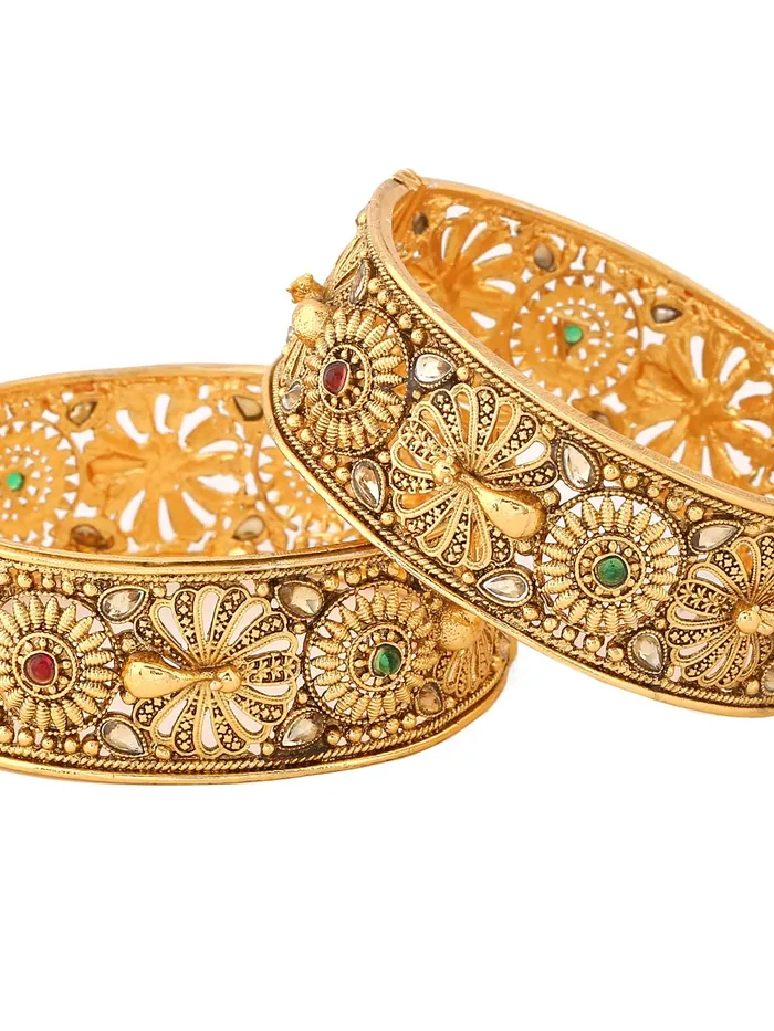 Yellow Chimes Bangles for Women Gold Toned Crystal Studded Peacock Designed Set of 2 Bangles for Women and Girls Yellow Chimes Rings