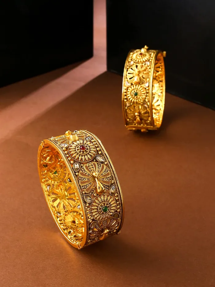 Yellow Chimes Bangles for Women Gold Toned Crystal Studded Peacock Designed Set of 2 Bangles for Women and Girls Yellow Chimes Rings