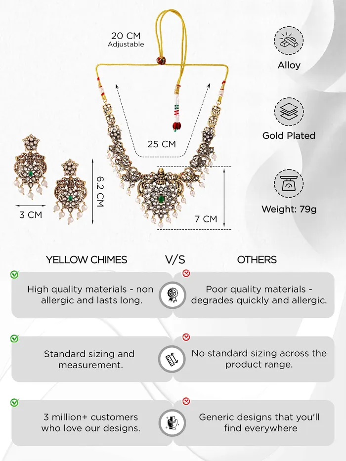 Yellow Chimes Bracelets Temple Jewellery Set Traditional Stone Necklace with Rope Chain Gold Plated One Size