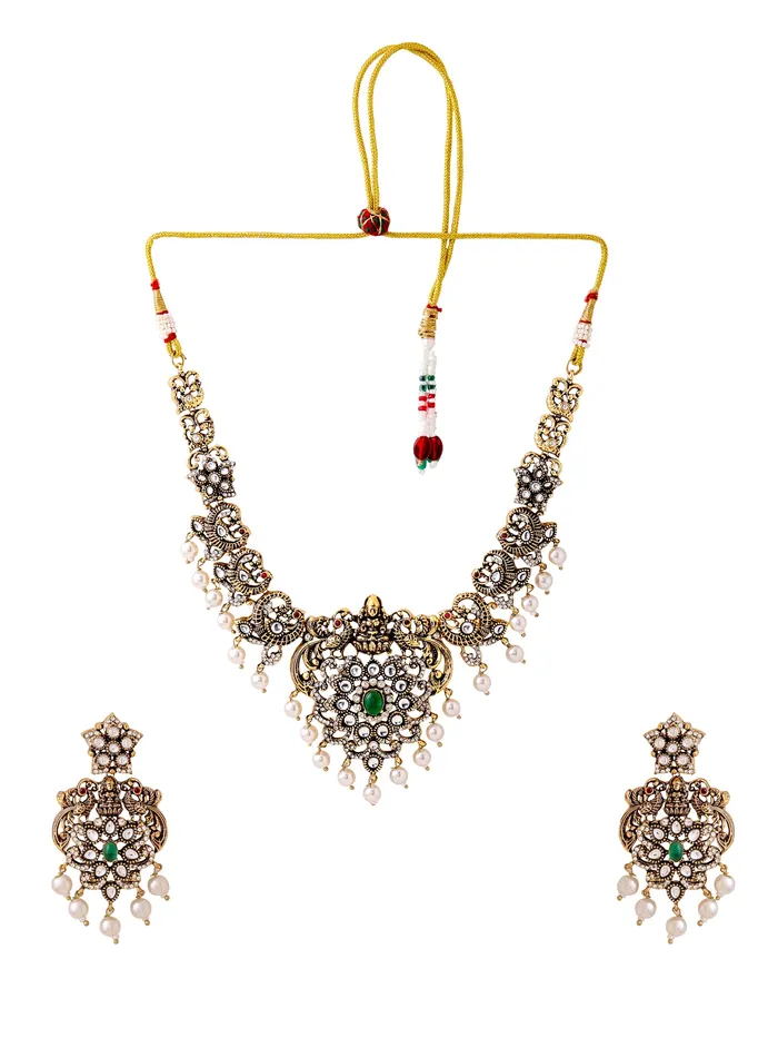 Yellow Chimes Bracelets Temple Jewellery Set Traditional Stone Necklace with Rope Chain Gold Plated One Size