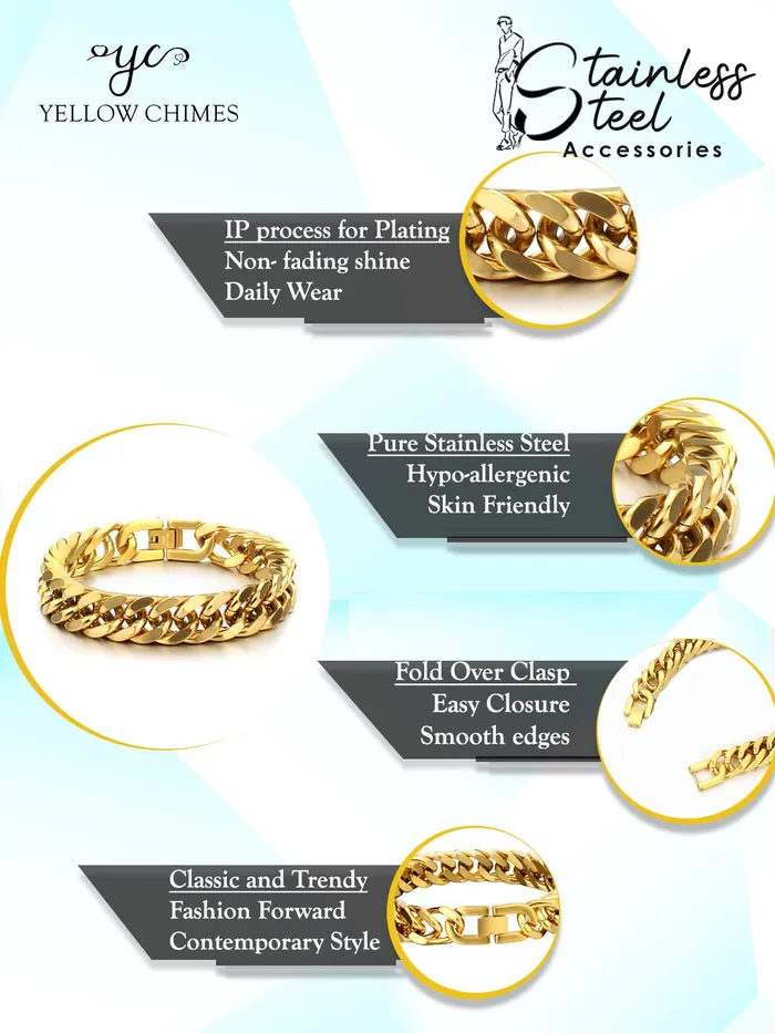 Yellow Chimes Bracelets Yellow Chimes Bracelets for Men and Boys Fashion Gold Bracelet for Men Gold Plated Stainless Steel Curb Chain Bracelet for Men Birthday Gift for Men and Boys Anniversary Gift for Husband