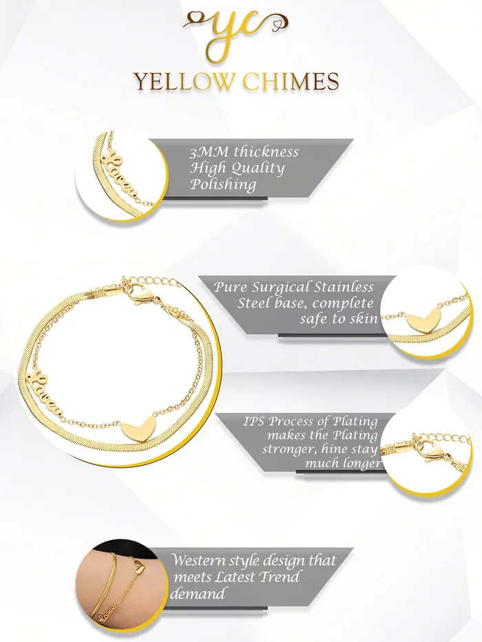 Yellow Chimes Bracelets Yellow Chimes Chain Bracelet for Women GoldPlated 2 Layered Stainless Steel Heart Charm Love Bracelet For Women and Girls