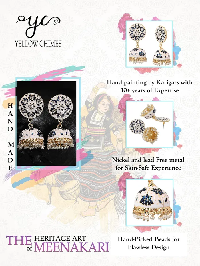 Yellow Chimes Bracelets Yellow Chimes Earrings for Women Girls Traditional Blue Colored Meenakari Jhumka with Kundan Studded Stone Gold Plated Earring Floral Shaped Jhumki Birthday Anniversary Gift
