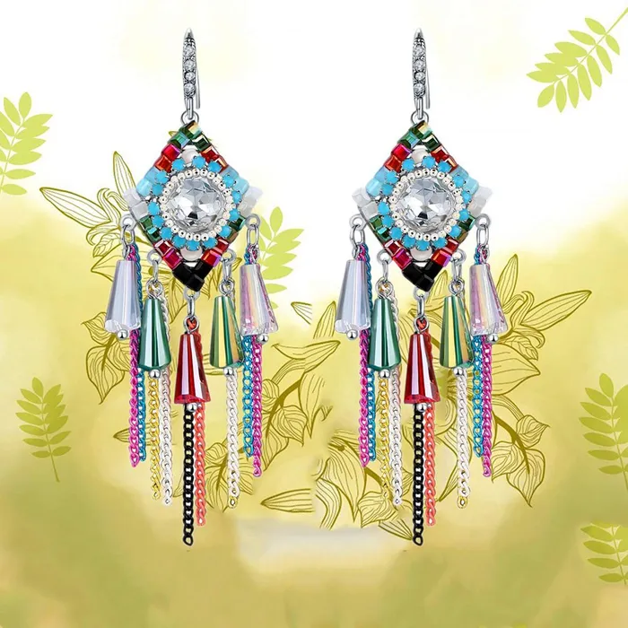 Yellow Chimes Bracelets Yellow Chimes Exclusive Collection Multicolor Silver Plated Base Metal Cubic Zircon Crystal Element Tassel Earrings For Women