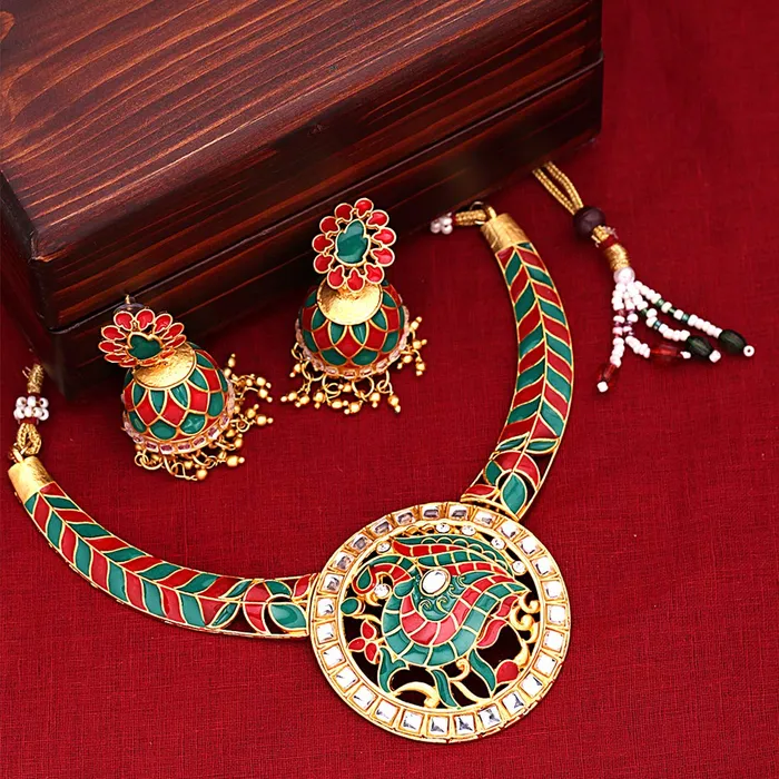 Yellow Chimes Bracelets Yellow Chimes Kundan Meenakari Jewellery Set Traditional Gold Plated Antique Designer Choker Necklace with Earrings for Women and Girls