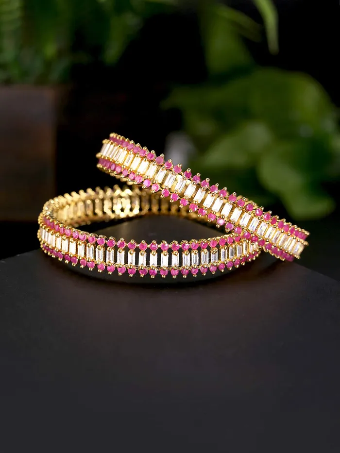 Yellow Chimes Classic Set of 2 Pcs Pink ADAmerican Diamond Studded 18k Gold Plated Handcrafted Designer Bangles for Women Girls 26 Yellow Chimes Bracelets