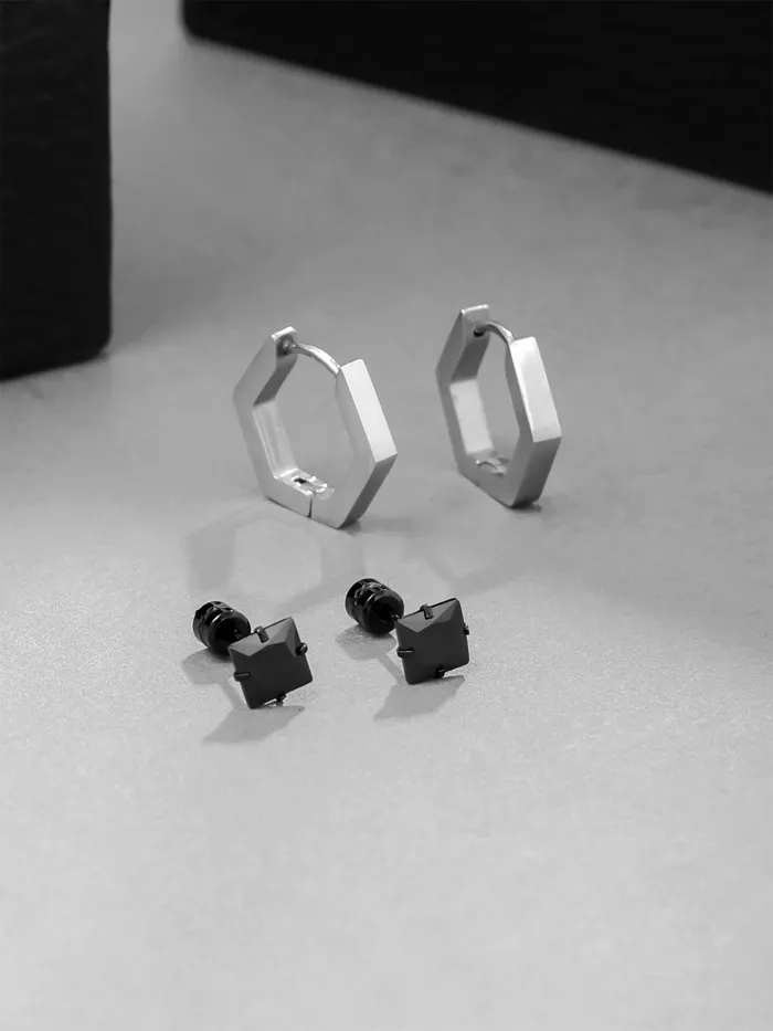 Yellow Chimes Combo Black Stud Earrings for Men Rhodium Plated Lightweight 08 cm Black 2 Pairs Rings