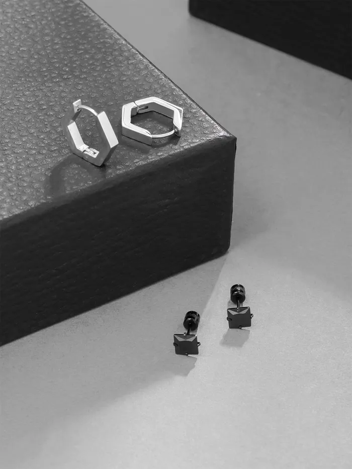 Yellow Chimes Combo Black Stud Earrings for Men Rhodium Plated Lightweight 08 cm Black 2 Pairs Rings