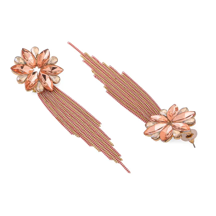 Yellow Chimes Crystal Danglers Earrings for Women Floral Shaped Crystal Pink Long Chain Dangler Earrings for Women and Girls Yellow Chimes Earrings
