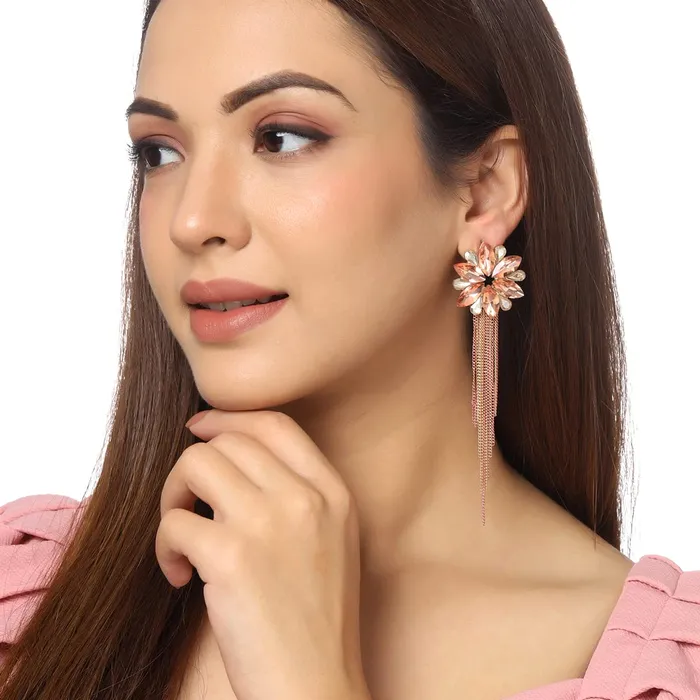 Yellow Chimes Crystal Danglers Earrings for Women Floral Shaped Crystal Pink Long Chain Dangler Earrings for Women and Girls Yellow Chimes Earrings
