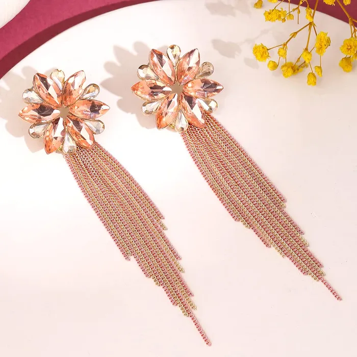 Yellow Chimes Crystal Danglers Earrings for Women Floral Shaped Crystal Pink Long Chain Dangler Earrings for Women and Girls Yellow Chimes Earrings