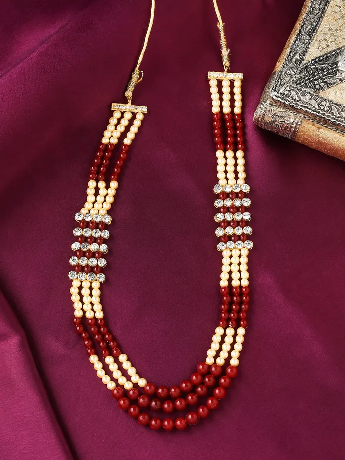 Yellow Chimes Dulahmala For Mens Red Beads Pearl Necklace Jewellery for Groom Dulha Moti Mal Haar For Men Sherwani Necklace Yellow Chimes Earrings