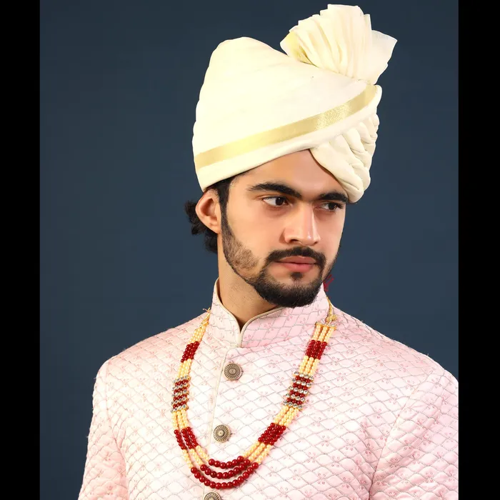Yellow Chimes Dulahmala For Mens Red Beads Pearl Necklace Jewellery for Groom Dulha Moti Mal Haar For Men Sherwani Necklace Yellow Chimes Earrings