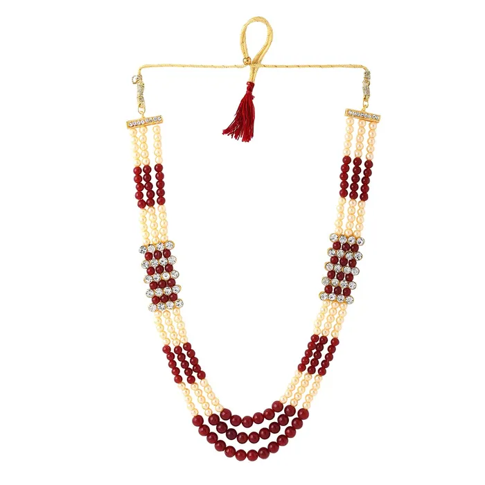 Yellow Chimes Dulahmala For Mens Red Beads Pearl Necklace Jewellery for Groom Dulha Moti Mal Haar For Men Sherwani Necklace Yellow Chimes Earrings