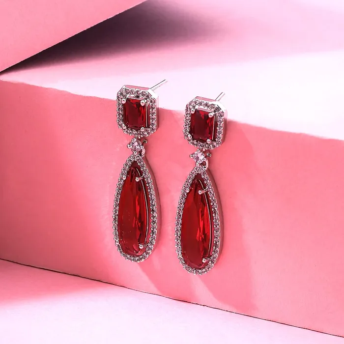 Yellow Chimes Earrings for Women and Girls American Diamond Drop Silver Tone Red AD Stone Drop Earrings Birthday Gift for girls and women Anniversary Gift for Wife Yellow Chimes Necklaces