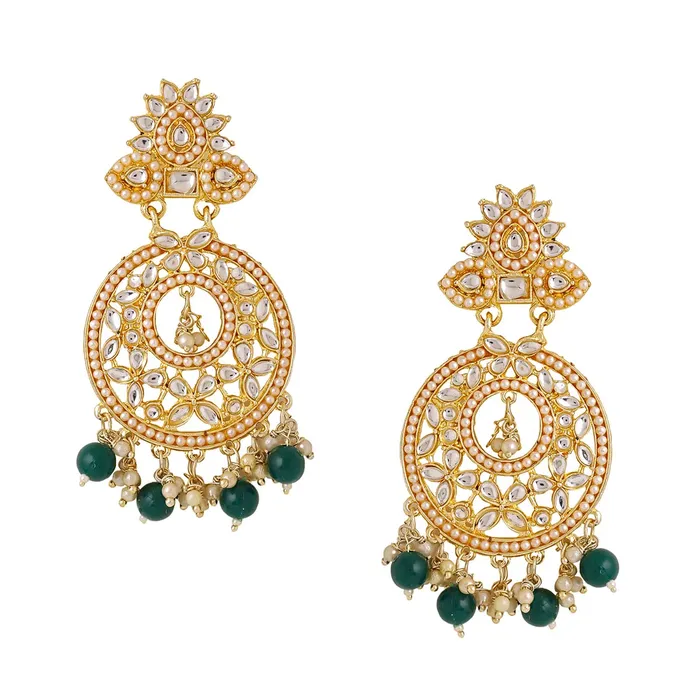 Yellow Chimes Earrings for Women and Girls Traditional Kundans Chandbali Gold Plated Green Beads Drop Chand Baliyan Earrings Birthday Gift for girls and women Anniversary Gift for Wife Yellow Chimes Necklaces