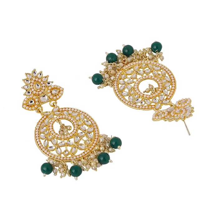 Yellow Chimes Earrings for Women and Girls Traditional Kundans Chandbali Gold Plated Green Beads Drop Chand Baliyan Earrings Birthday Gift for girls and women Anniversary Gift for Wife Yellow Chimes Necklaces