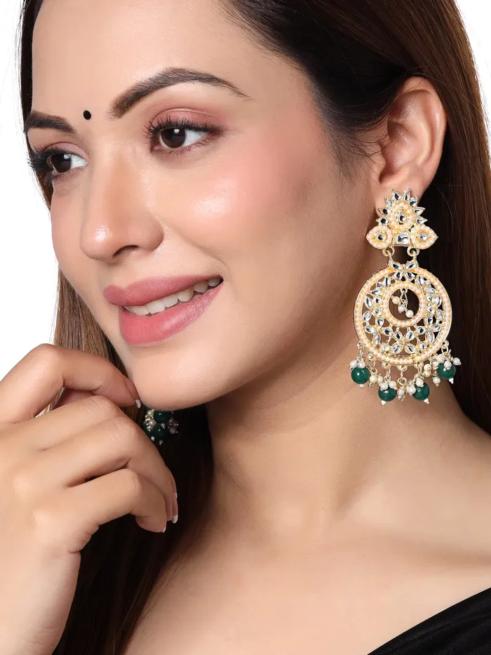 Yellow Chimes Earrings for Women and Girls Traditional Kundans Chandbali Gold Plated Green Beads Drop Chand Baliyan Earrings Birthday Gift for girls and women Anniversary Gift for Wife Yellow Chimes Necklaces
