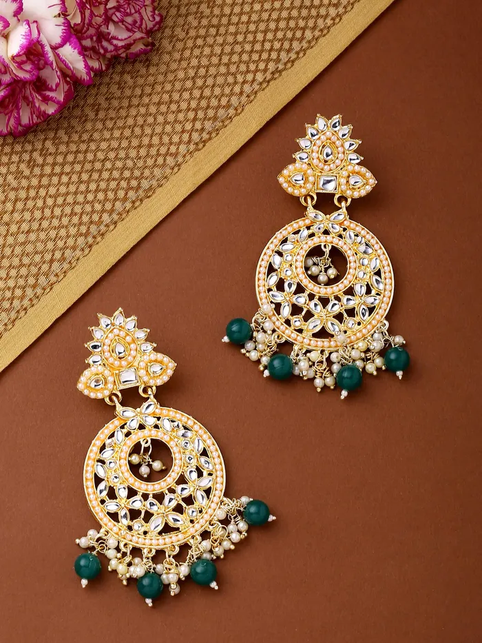 Yellow Chimes Earrings for Women and Girls Traditional Kundans Chandbali Gold Plated Green Beads Drop Chand Baliyan Earrings Birthday Gift for girls and women Anniversary Gift for Wife Yellow Chimes Necklaces